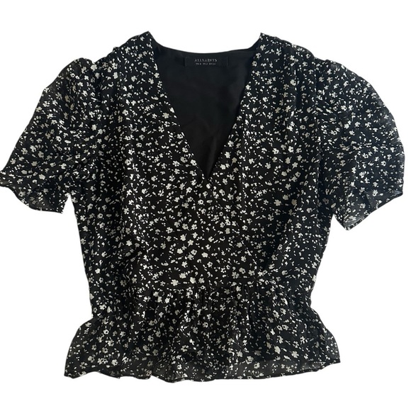 All Saints Ilia Heart Print Wrap Blouse Top - Black SZ 2 - Picture 6 of 6